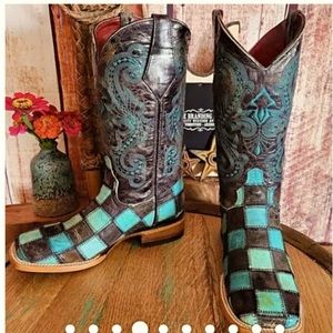 Ferrini, distressed leather, black, with turquoise patchwork cowboy boots